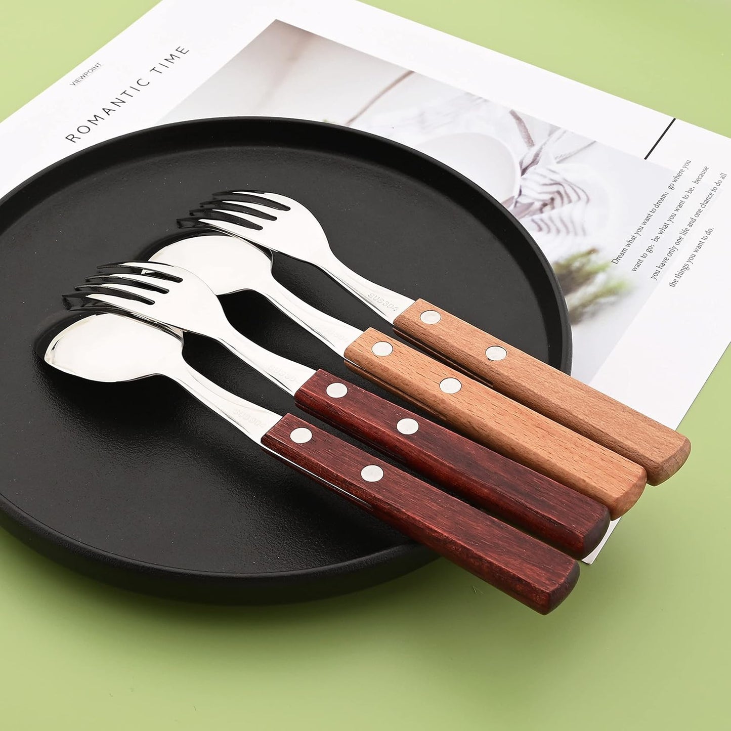 Wooden Handle Flatware Set, Knives Forks Spoons Set for 6, 24-Piece 304 Stainless Steel Kitchen Utensils Set, Silverware Set with Wood handles, Red Wood with Rivet & Retro Style Cutlery