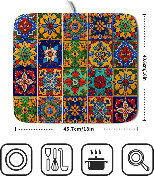 Mexican Tiles Dish Drying Mat for Kitchen Counter Absorbent Microfiber Dish Drying Pad Kitchen Gadgets Multi-use