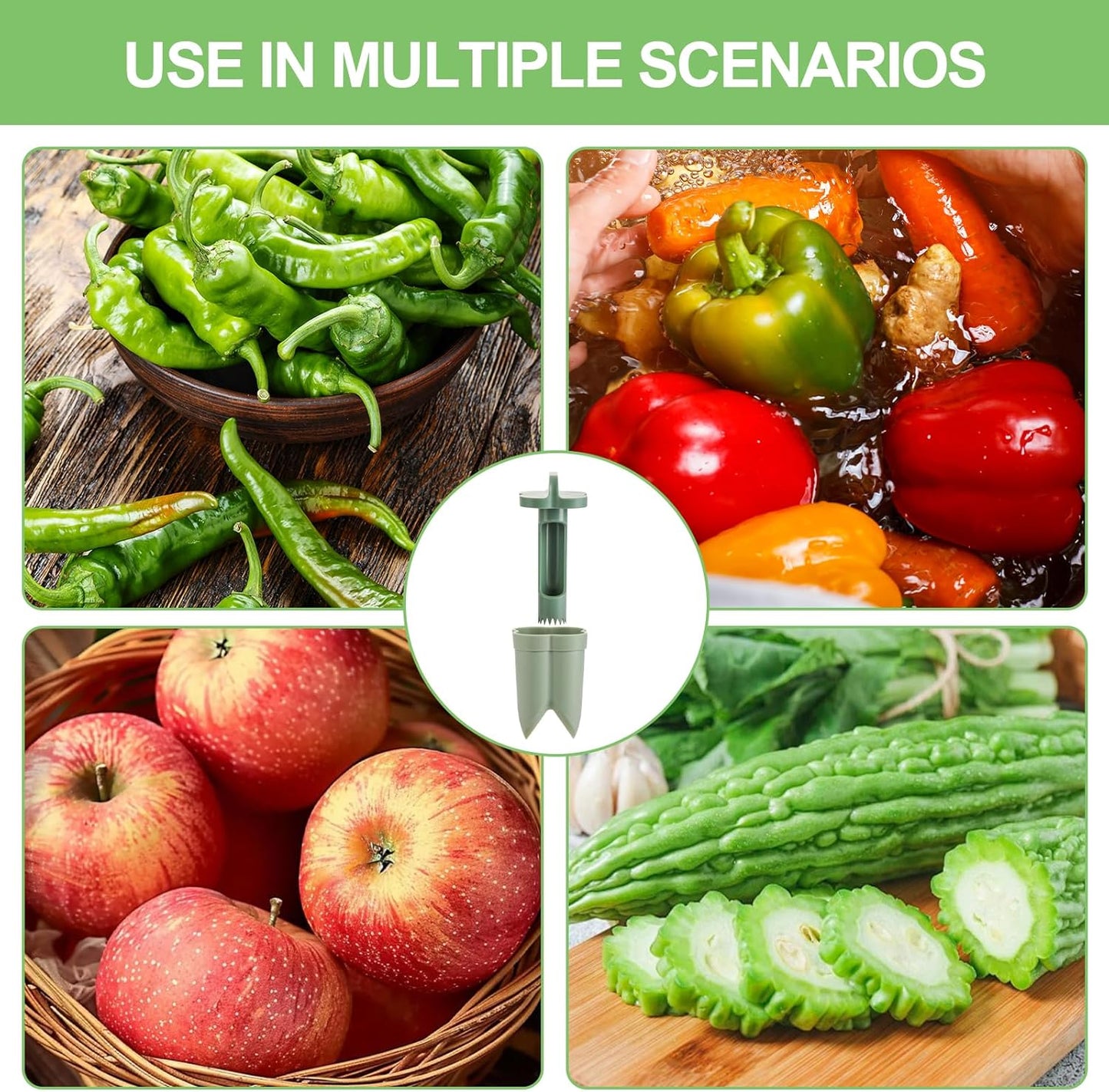 Pepper Corer,Chili Seed Remover Tool,Durable ABS Kitchen Gadget for Bell & Chili Peppers, 2-in-1 Design, Easy Twist Use, Ideal for Home Cooking, Camping(Green)