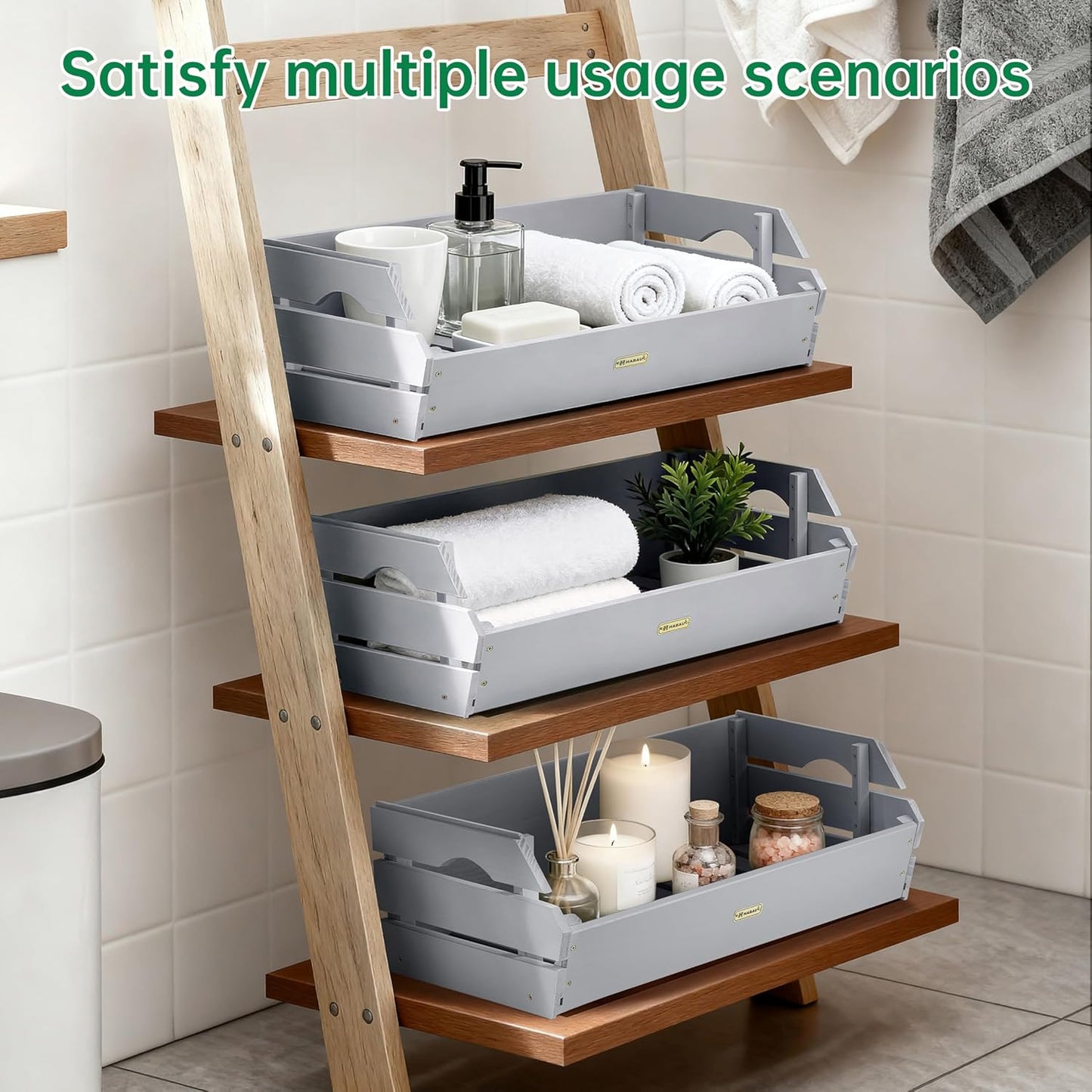 HABAU Wood Potato Onion Storage Bins - Wooden Stackable Produce Basket - Fruit Vegetable Storage for Kitchen Pantry Organization, Set 3 Pieces