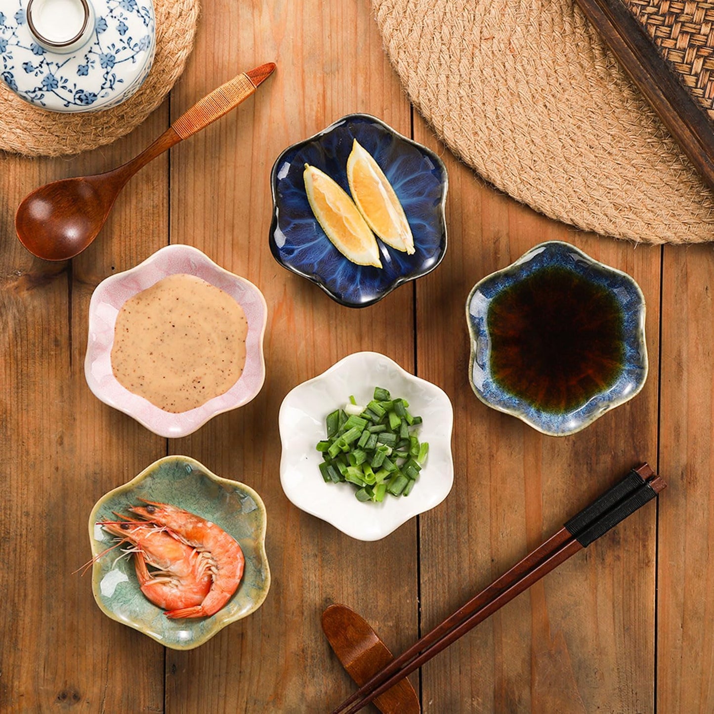 VanEnjoy Blue Flower Plates Ceramic Floral Dishes Small Dipping Sauce Cups Soy Sauce Dish Prep Bowls - Set of 5