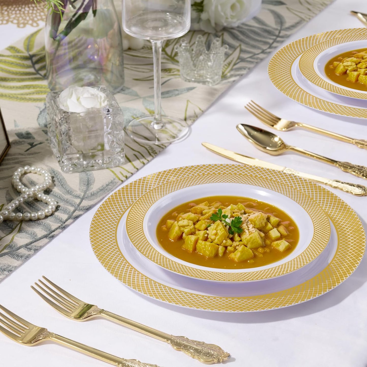 I00000 100 Gold Plastic Bowls, 12 oz White Disposable Bowls,Fancy Plastic Salad Bowl,Premium Heavy Duty Disposable Soup Bowl for Parties,Weddings,Dinners, Catering, Picnics