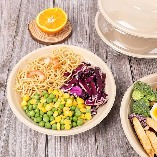 24 oz Round Disposable salad bowls with lids, Sugarcane Fiber Paper Bowls take away food containers Plant Fibers Freezer Safe 50 Pack