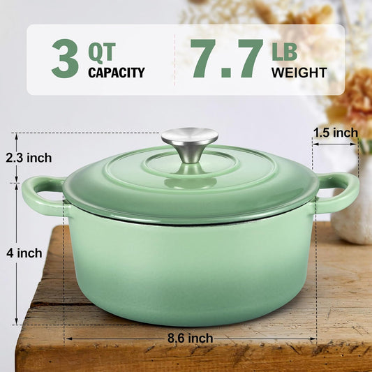 Small 3 Quart Dutch Oven, HaSteeL Round Cast Iron Cooking Pot with Lid, Nonstick Enameled Cookware for Sourdough Bread Baking Roasting Stewing Braising Frying, Heavy Duty & Oven Safe 500℉, Green