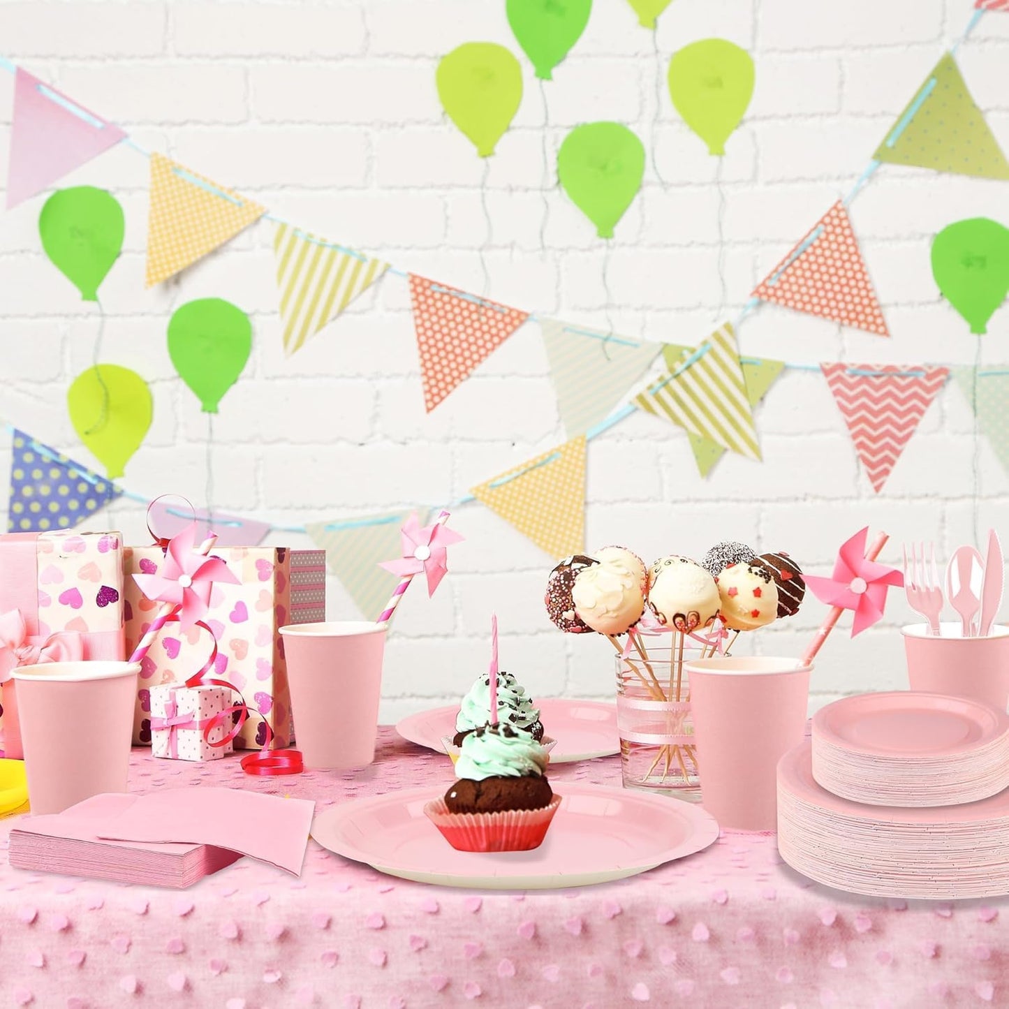 durony 350 Pieces Pink Paper Dinnerware Set 7 Inch 9 Inch Disposable Dinner Plates Sever 50 Guests Paper Cup Cutlery Napkins Solid Color Party Supplies for Birthday Wedding Party Family Picnic