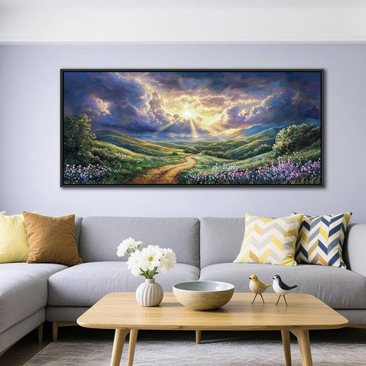 HKDGOKA Large Landscape Canvas Wall Art, Green Mountains Purple Clouds Flower Scenery Canvas Pictures Paintings Artwork for Living Room Bedroom Office Kitchen Home Wall Decor 32x71 IN