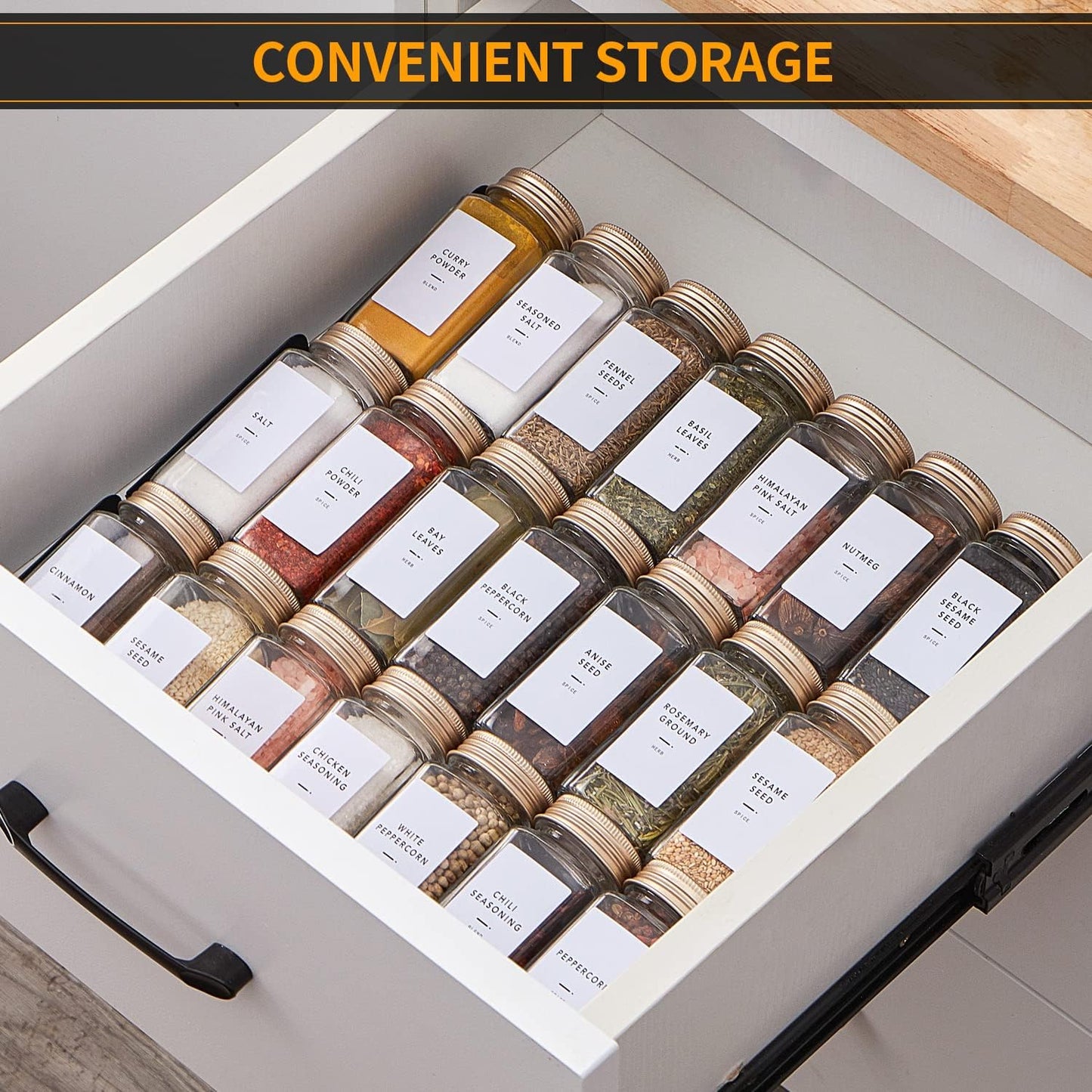 48 Pcs Spice Jars with Label- Glass Spice Jars with Gold Metal Caps,Shaker Lids, Funnel, Chalk Pen, Brush,Cleaning Cloth,Skiileor 4oz Seasoning Containers Bottles for Spice Rack, Cabinet, Drawer