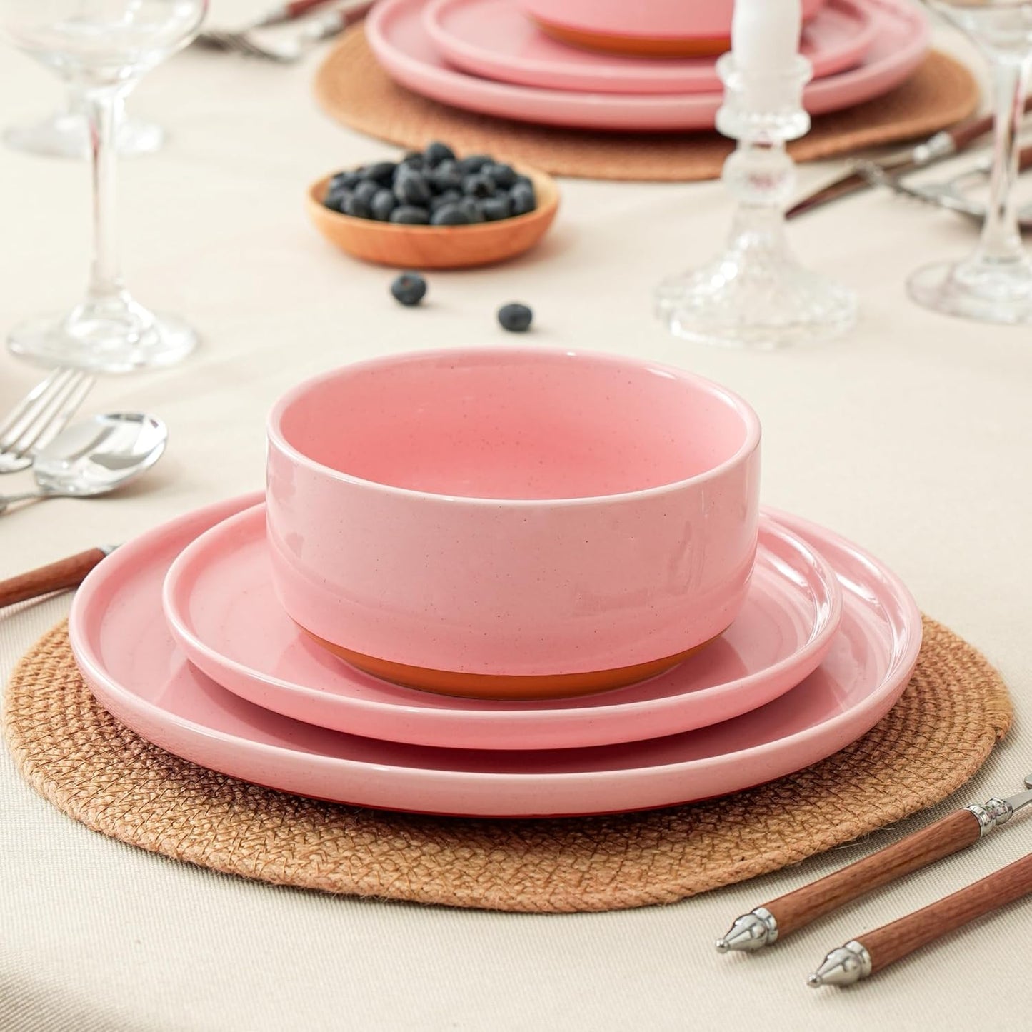12 Piece Ceramic Dinnerware Set for 4, Modern Minimalist Stoneware Dinner Plates and Bowls, Microwave Safe, Dishwasher Safe, Versatile for All Seasons, Pink