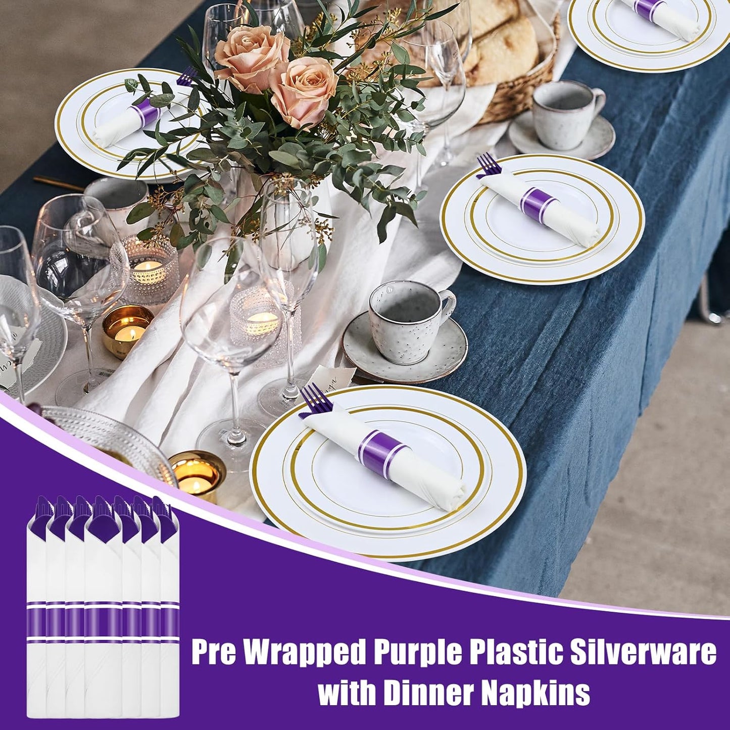 100 Pack Pre Rolled Purple Plastic Silverware with Napkins - Disposable Cutlery Set with Forks, Knives, Spoons & Linen-Like Dinner Napkins, Wrapped Plastic Utensils for Weddings, Parties & Events