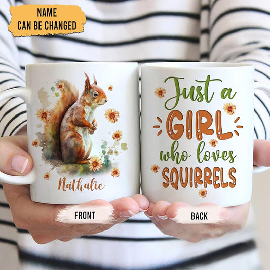 Hyturtle Personalized Gifts Squirrel Lover - Just A Girl Who Loves Squirrels Custom Name Ceramic Coffee Mug Cup 11oz - Idea Cute Animal Lover Gifts For Women, Girl Daughter On Birthday, Christmas
