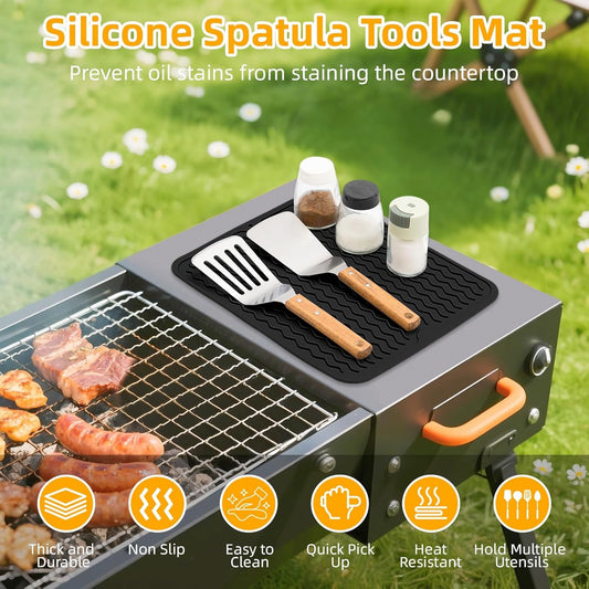 Blackstone Griddle Accessories Silicone Grill Side Shelf Tool Mat, Outdoor BBQ Spatula Mat, with Drip Pad Kitchen Countertop Heat Resistant Mat (Black)