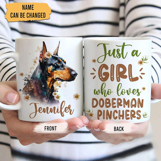 Hyturtle Personalized Gifts Doberman Lover - Just A Girl Who Loves Dobermans Custom Name Ceramic Coffee Mug Cup 11oz - Idea Cute Dog Lover Gifts For Women, Girl Daughter On Birthday, Christmas