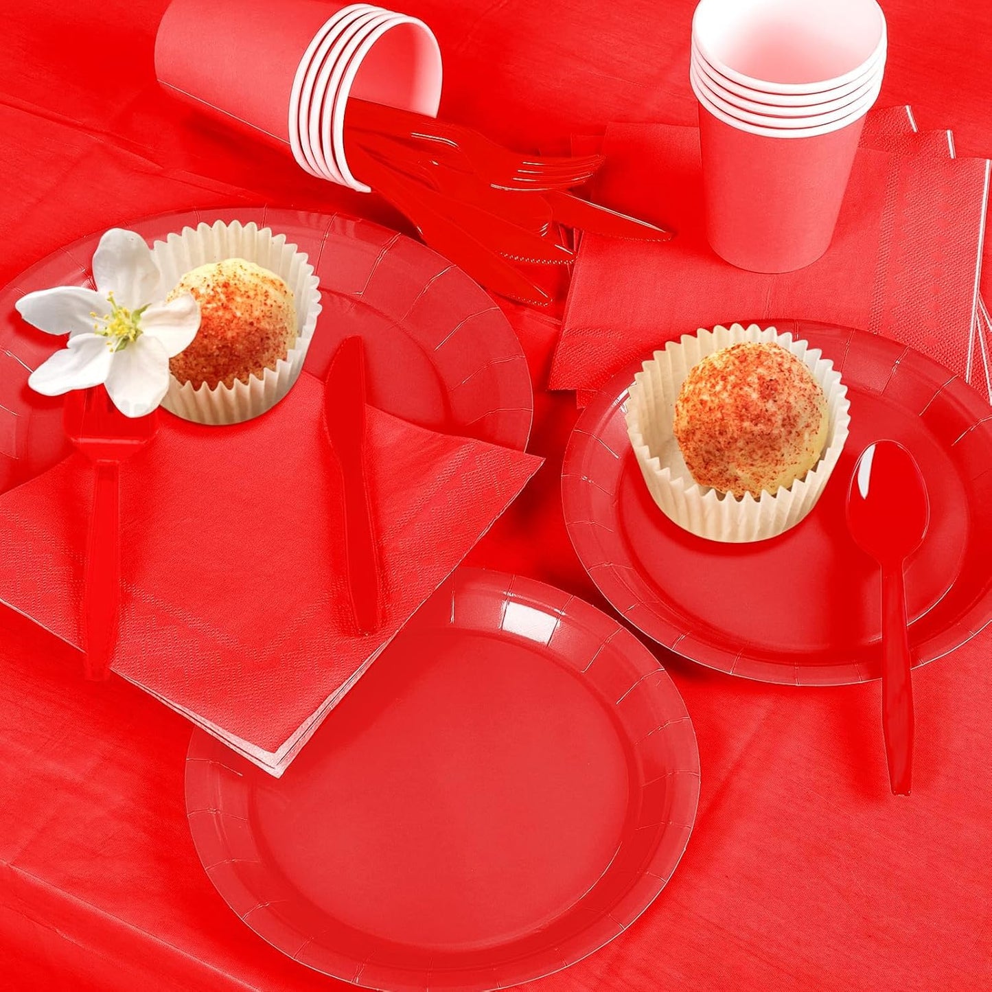 TWOWYHI 229PCS Red Party Supplies Set Paper Disposable Plates Cups Plastic Spoons Forks Knives Red Napkins for 30 Guests Disposable Party Dinnerware Sets for Wedding Birthday Parties