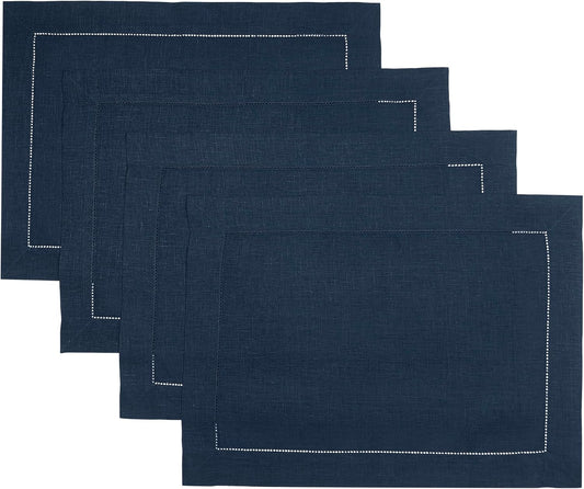 D'Moksha Homes Linen Placemats Set of 4 - Classic Hemstitch Navy Blue Placemats 14 x 19 Inch - 100% Pure Linen Table Mats for Fall, Autumn and Halloween - Handcrafted and Machine Washable