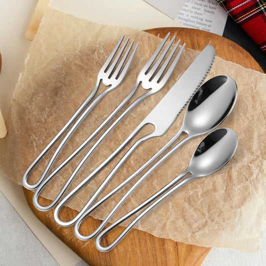 Silvery Flatware Set 4 Hollow Out Cutlery Stainless Steel Silverware 20 Pieces Forks Spoons and Knives Kitchen Utensils Hanging Handle Durable