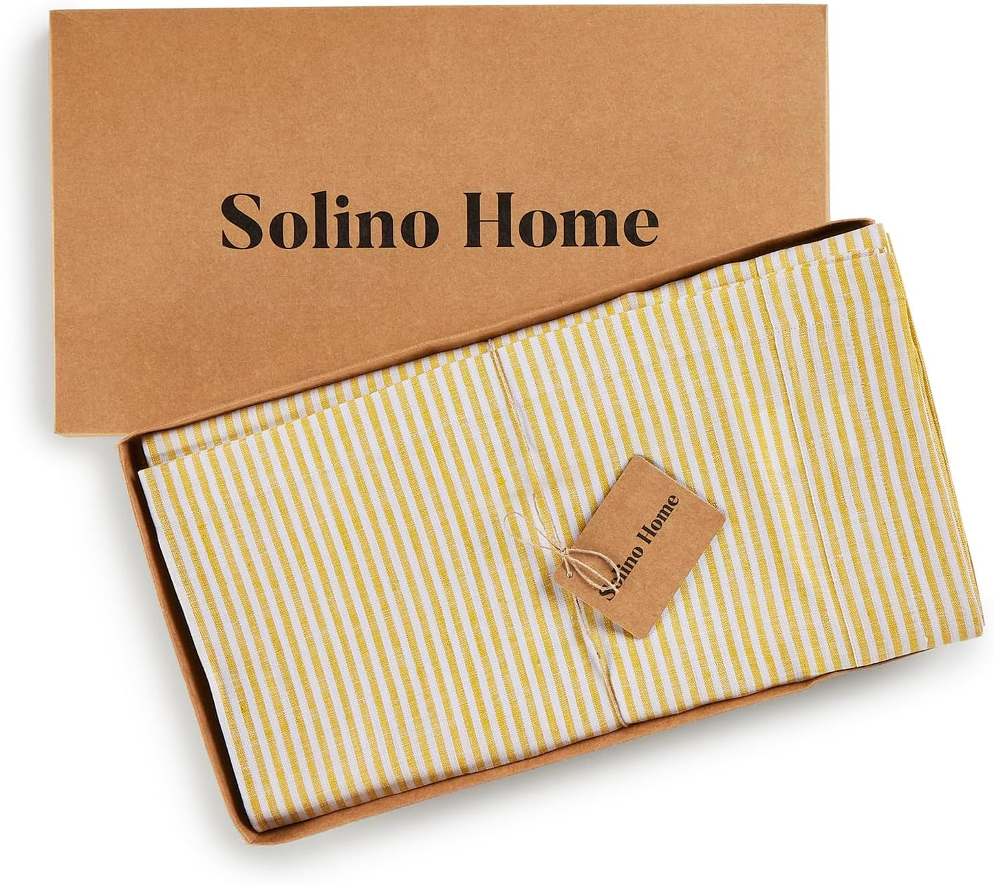 Solino Home Linen Table Runner 132 Inches Long - Narrow Stripe, 100% Pure Linen Spicy Mustard and White Table Runner 14 x 132 Inch for Dining