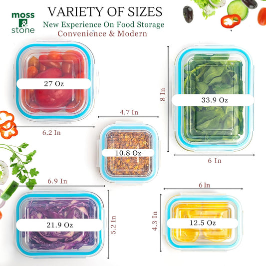 Moss & Stone 10-Piece Kitchen Glass Food Storage Containers Set with Lids, Clear Leak-Proof, BPA-Free Airtight Meal Prep Glass Containers – Oven, Freezer, Microwave & Dishwasher Safe