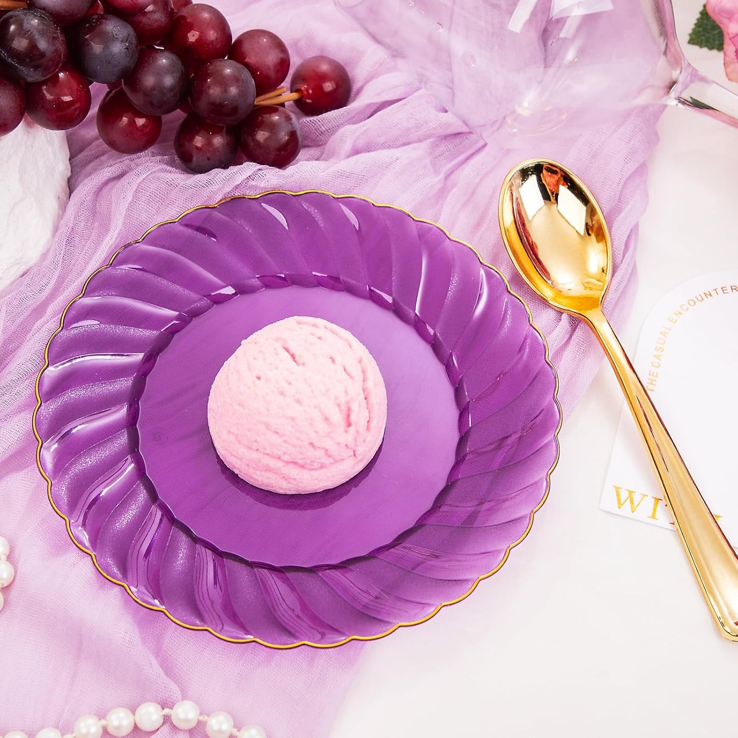 YOUBET 125PCS Purple Plastic Dinnerware Set - Gold and Clear Purple Disposable Plates Include 50 Plastic Plates 75 Silverwares for Wedding Birthday Parties