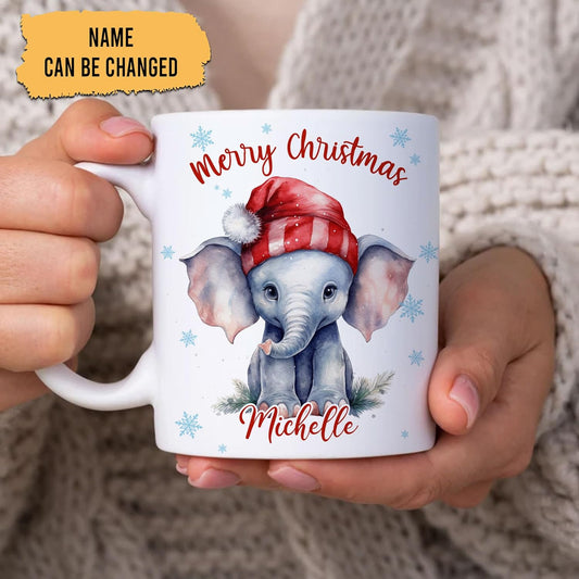 Hyturtle Personalized Gifts Elephant Lover - Elephant Wearing Santa Hat Custom Name Ceramic Coffee Mug Cup 11oz - Cute Animal Lovers Gifts For Women, Girl kids Family On Birthday, Christmas