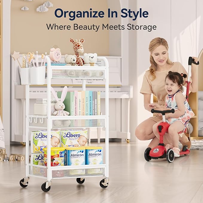 YASONIC 3 Tier Rolling Cart – Metal Utility Storage Carts with Wheels, Craft Carts Organizer with Hanging Cups, Hooks, Mesh Basket for Bedside Kitchen Office Art, White