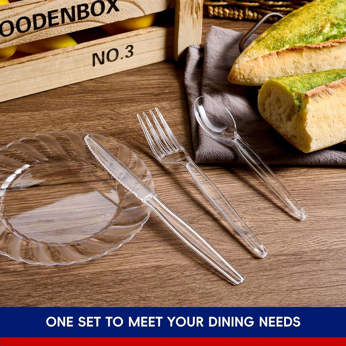 JOLLY CHEF 300 Count Clear Plastic Silverware, 100 Forks, 100 Spoons, 100 Knives, Heavy Duty BPA Free Disposable Plastic Cutlery Set, Plasticware Bulk, Premium Clear Utensils for Party Supplies