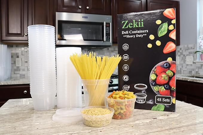 Zekii 24 sets Mix Size Deli Containers with Lids, 8x 8oz, 8x 16oz, 8x 32oz, Soup Containers w/Lids Airtight, Disposable, BPA Free, Takeout soup Cups, Meal Prep, Food Storage w/Measurements