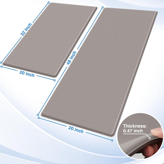StepRite Kitchen Mats, 2PCS Kitchen Rugs, Cushioned Anti Fatigue Kitchen Mats for Floor, Non-Slip Standing Desk Mat, Waterproof Kitchen Rug Set for Kitchen, 20" x 32"+20" x 48"-0.47 inch Thick, Khaki