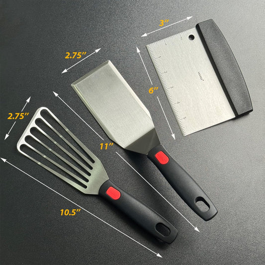 Stainless Steel Spatula Set with Heat Resistant Silicone Handle, VOVOLY Metal Spatulas For Kitchen Use, Thickened Smash Burger Spatula, Fish Flipper, Bench Scraper