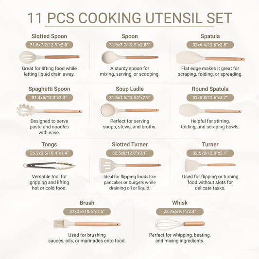 11-Piece Silicone Kitchen Utensil Set with Spatulas, Tongs, Whisk, Turner & Ladle – Heat Resistant, Non-Scratch Cooking Tools with Wooden Handles, Dishwasher Safe, BPA-Free (Beige)