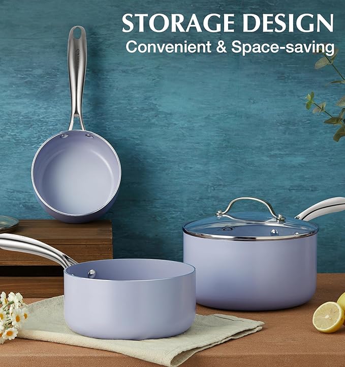 KOCH SYSTEME CS Nonstick Sauce Pan with Lid 1QT & 2QT & 3QT, 6pcs Nonstick Saucepan Set with Cool-Touch Handles, Sauce Pot Set with Ceramic Coating, Induction Compatible Sauce Pan, Oven Safe, Purple