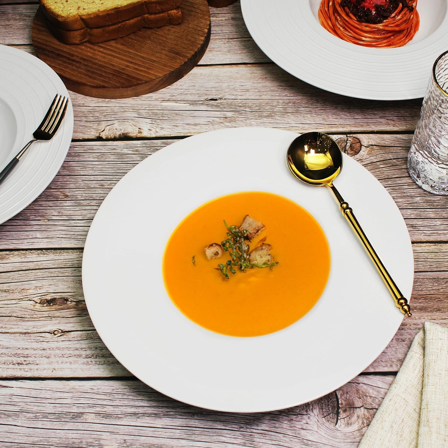 Ceramic Wide Rimmed Soup Plate, Soup Bowl 14 oz, Pasta Bowl Set of 4, White Shallow Bowl Plate with Rim, Best choice for high-end restaurants, hotels, and foodies, 12 Inch