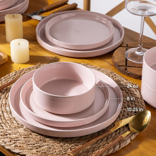 AmorArc Ceramic Dinnerware Set for 4 | Speckled Stoneware Plates and Bowls with unglazed terracotta | Scratch Resistant, Dishwasher & Microwave Safe Dishes Sets- 12-Pcs Pink