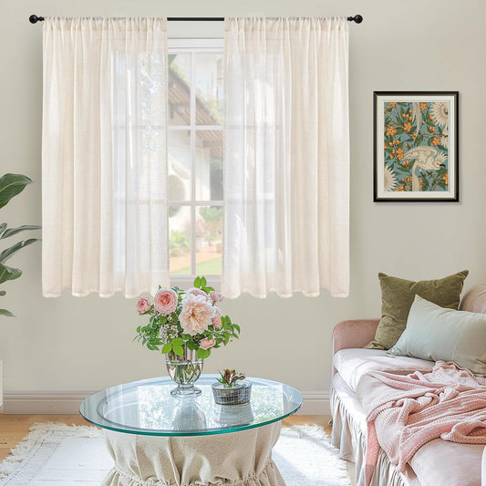 BGment Beige Semi Sheer Linen Curtains 45 Inch Length for Short Kitchen Window - Cream Textured Drapes Light Filtering with Rod Pocket Lightweight for Bathroom, 2 Panels, Each Panel 42 Inch Wide