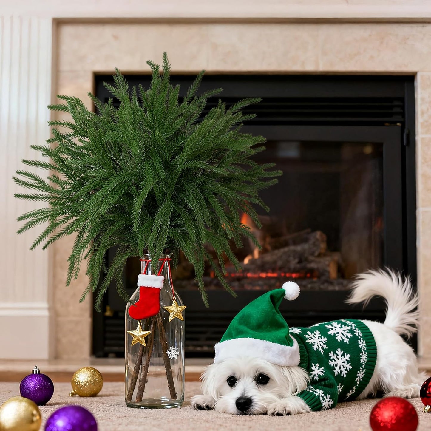 Artificial Norfolk Pine Stems for Christmas Decorations, 10 Pcs 18 inch Fake Pine Branches for Vases Garland Real Touch Faux Greenery Evergreen Plants for Xmas Home Decor Indoor Winter