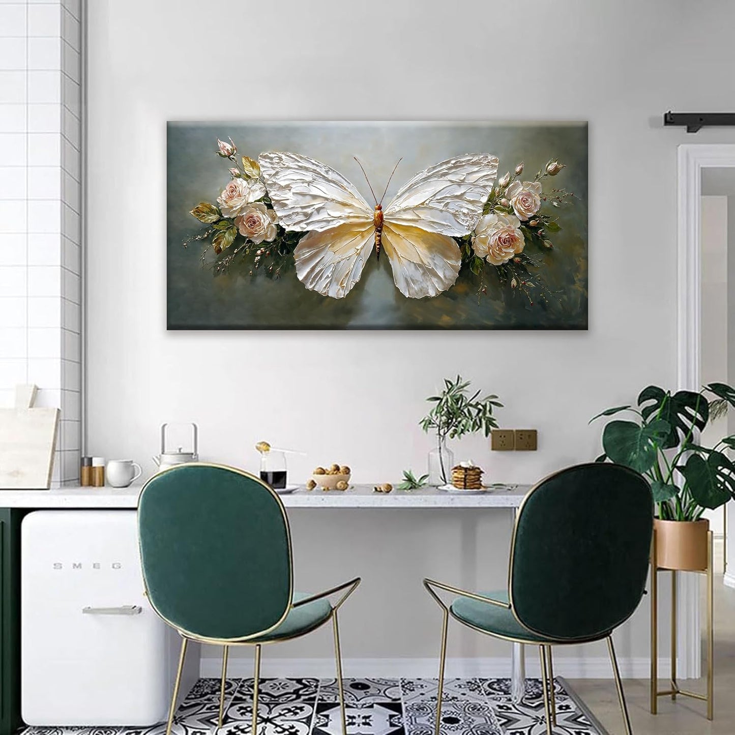 Modern Abstract Wall Art White Simple Butterfly And Rose Wall Art Decor Canvas Art Wall Decor For Bedroom Living Room Kitchen Bathroom Office 24x48 Inch Home Wall Decor
