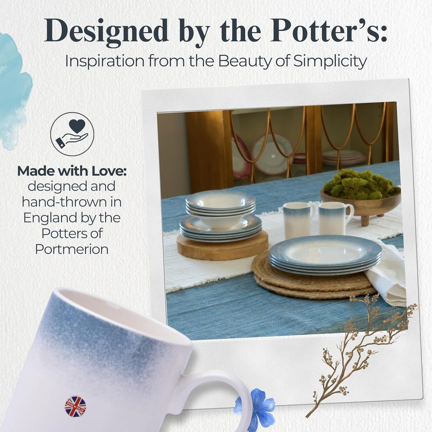 Portmeirion Potter's Mist Breakfast Mug (Set of 4) - 9oz White Ceramic Mugs with Blue Mist Pattern - Microwave, Dishwasher, Freezer Safe Earthenware Mugs for Tea & Coffee Lovers (Blue)