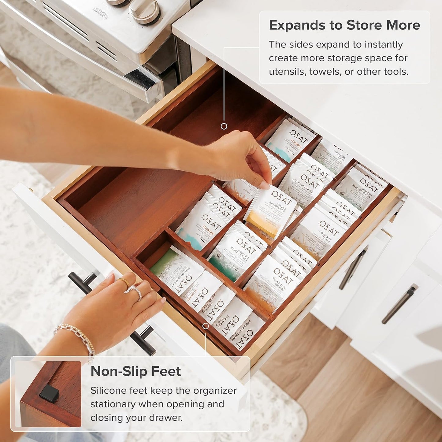 KitchenEdge Acacia Tea Bag and Coffee Pod Kitchen Drawer Organizer, Expandable 9.7 to 17 Inches, 10 Storage Compartments, Adjustable Wall Inserts, Non-Slip Feet, Food-Safe