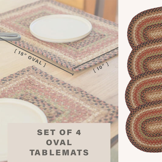 Homespice Gingerbread Premium Jute Braided Placemat Set of 4 Oval 10x15 Multi Color Reversible, Natural Jute Yarn Rustic, Country, Primitive, Farmhouse Style