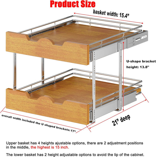 DINDON 2 Tier Pull Out Cabinet Organizer (17" W x 21" D) Slide Out Wood Shelf Double Tier Kitchen Wire Basket With Chrome Finish…