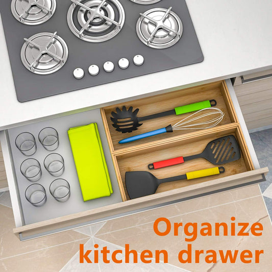 Drawer Organizer Storage Box Kitchen - Wood Stackable Tray Utensil Organizer for Office Drawers,Cabinets,Shelves,Pantry,or Bathroom Counter,Drawer Dividers for Silverware Set of 2(15x6x2.5inch)