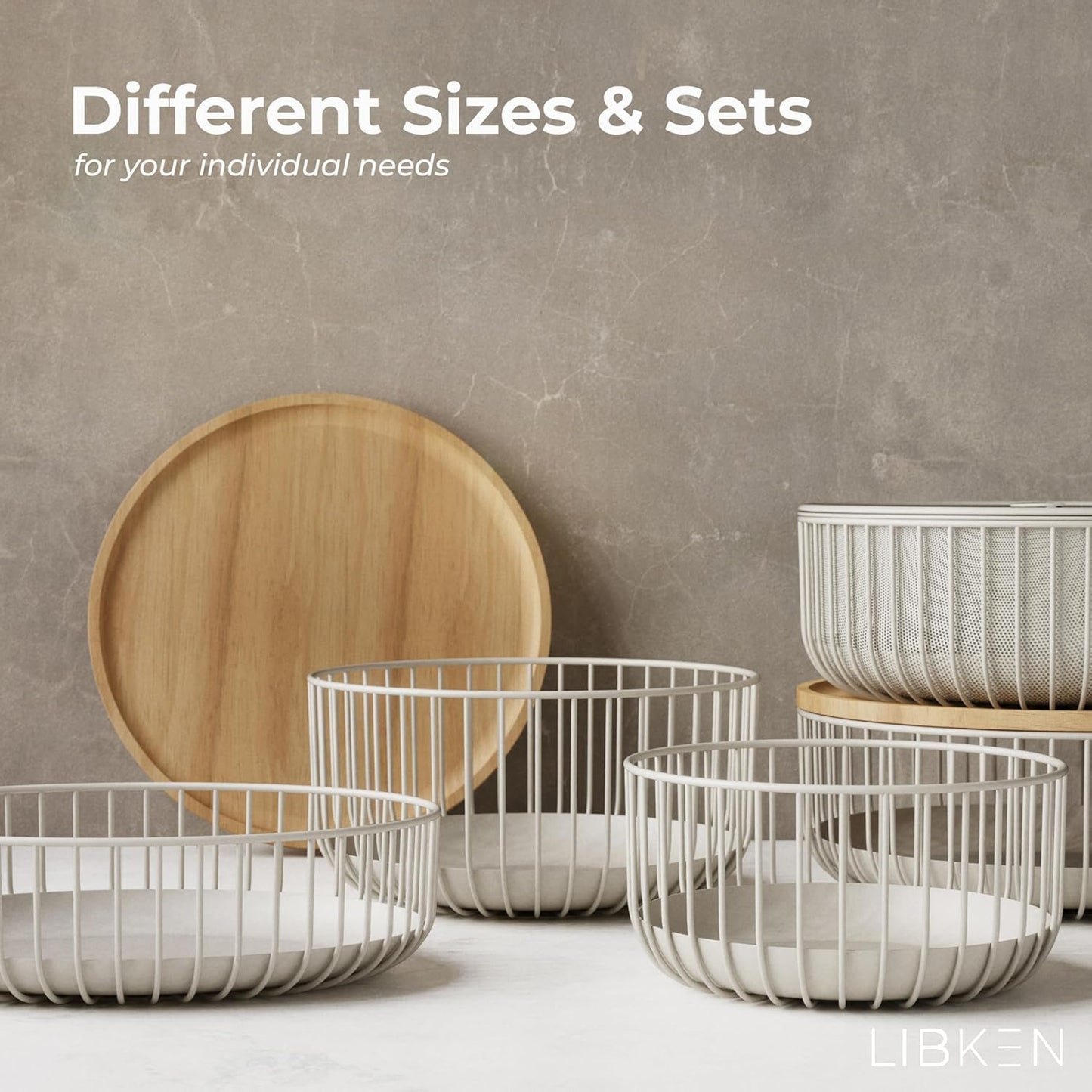 Metal Wire Mesh Fruit Baskets with Wooden Lid - Fly-Proof Indoor Solution for Fresh Fruits - Covered Fruit Bowl - Produce Cover Against Flies for Vegetables - Warm Gray