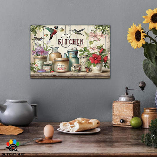 GUTTATY Farmhouse Wall Art Rustic Kitchen Decor, Ready to Hang Kitchen Canvas Print Flowers And Bird,Vintage Posters Prints for Dinning Room Home Kitchen Restaurant Painting 18×24 Inch