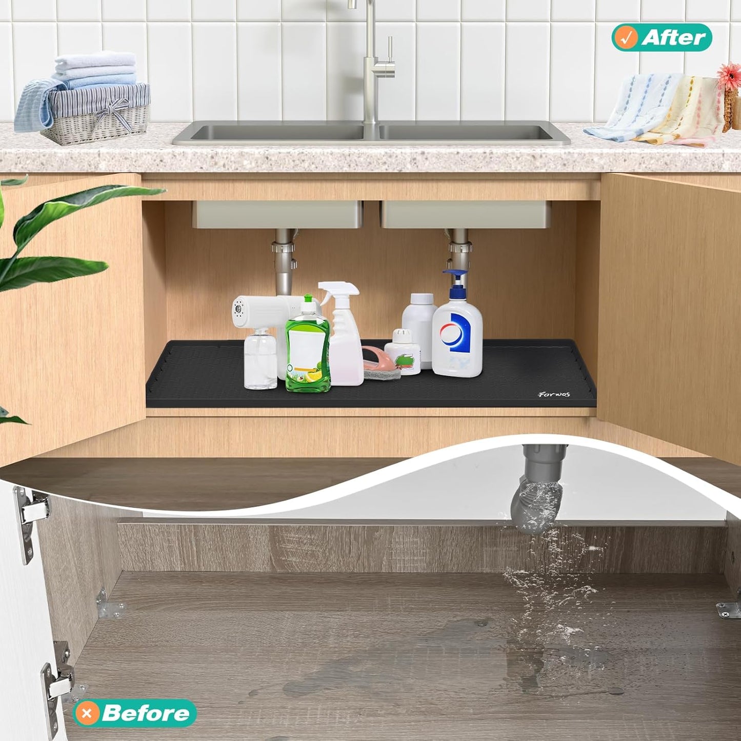 Waterproof Under Sink Mat 22" x 19", Silicone Cabinet Liner, Rubber Protector for Kitchen and Bathroom, Keeps Cabinets Clean, Dry, and Organized (Black)