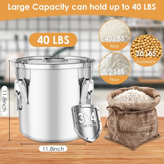 304 Stainless Steel Airtight Canister with Lids,40 lbs Large Capacity Food Storage Containers for Rice Flour Sugar Grain Coffee Bean,Airtight Canister for Kitchen & Pantry Organization