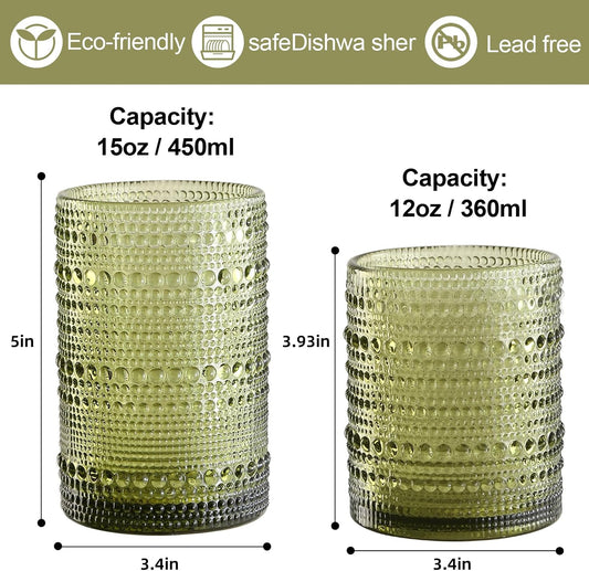 Vintage Hobnail Drinking Glasses Set of 8,Colored 12 oz & 15oz Highball Glass Cups, Kitchen Drinkware Glassware,Embossed Water Tumbler,for Beer,Cocktail,Whiskey,Juice and Various Mixed Drinks