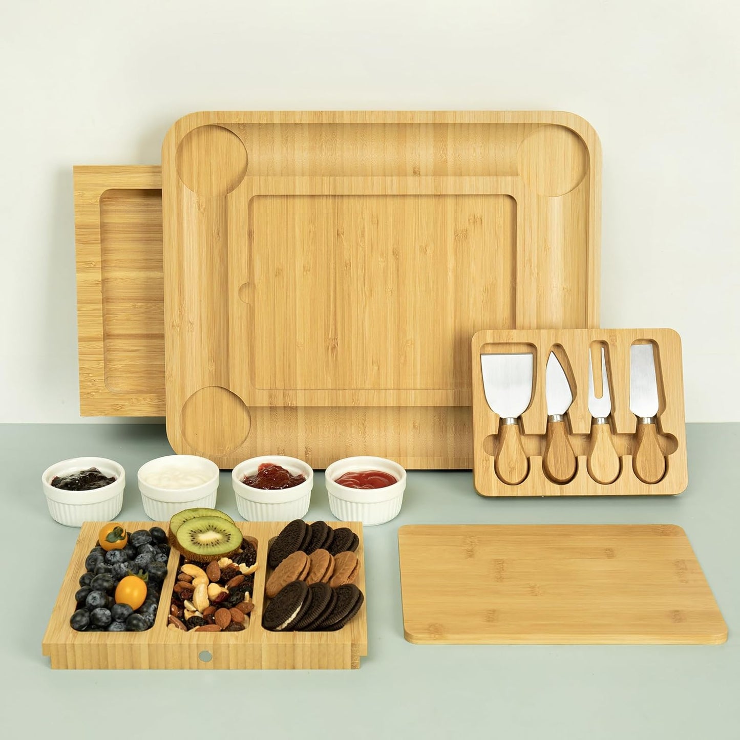 Charcuterie Board Cheese Tray Set with Stainless Steel Knives, Slates and Bowls. Gift for Housewarming, Wedding Couple, Bridal Shower (CB002)