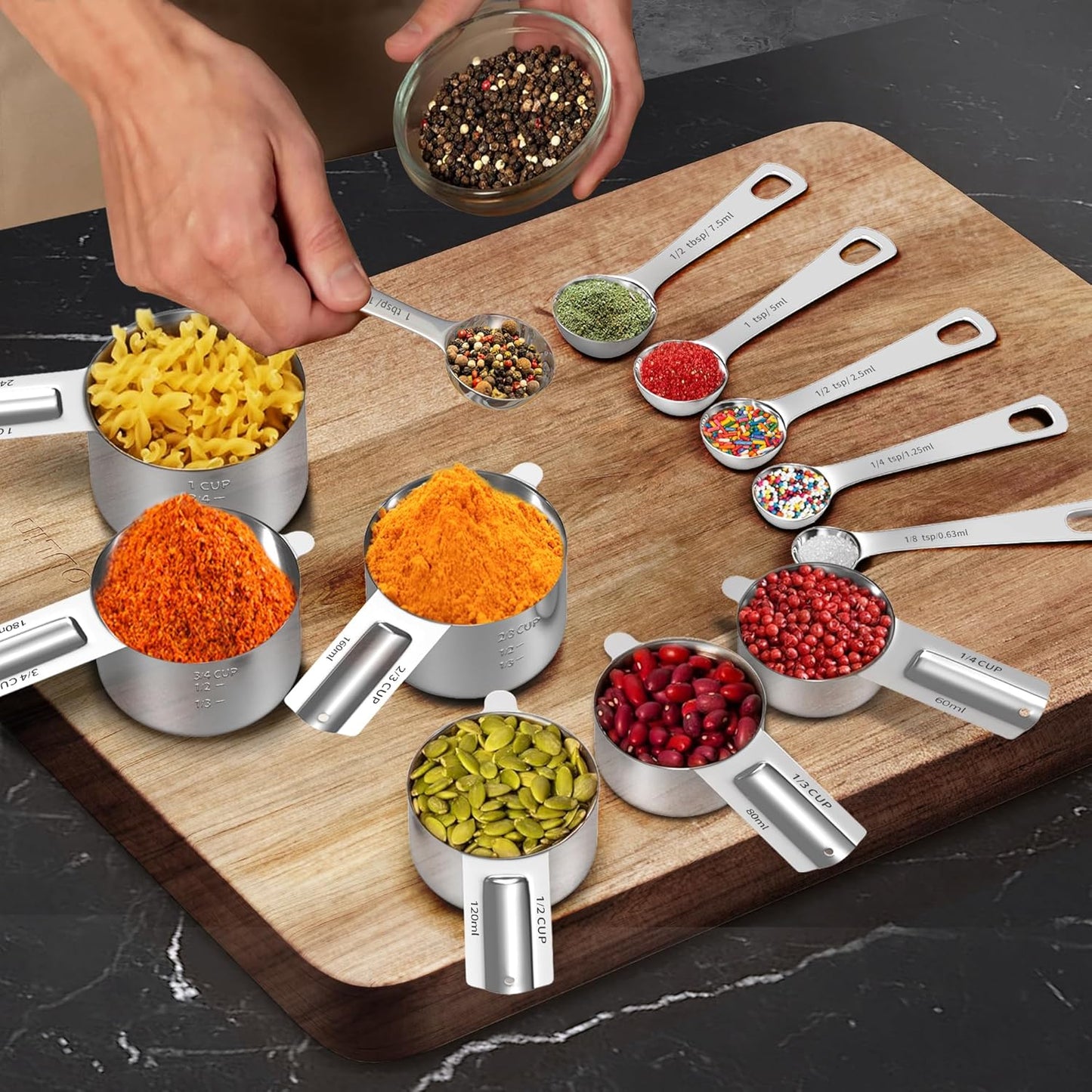 Measuring Cups and Spoons Set, Stainless Steel Measuring Cups Measuring Spoons with Easy to Read Markings, Ideal Kitchen Gadgets for Cooking & Baking, 12 Pack