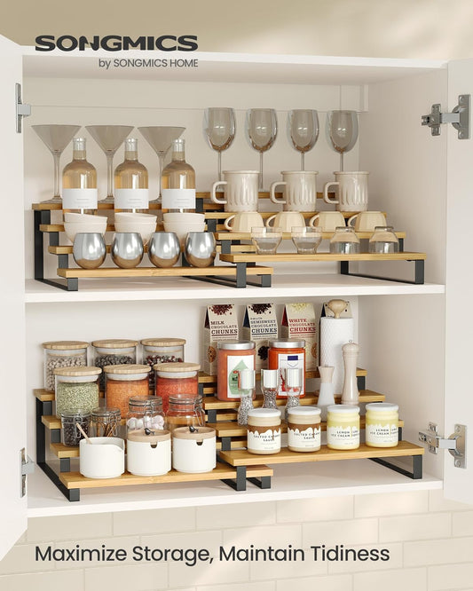 SONGMICS Display Risers, Set of 2 Engineered Wood Perfume Organizer Stand, 4-Tier Cupcake Stand Holder, Spice Rack, Shelf Risers for Figures, Dessert Shelves, Natural Beige and Ink Black UKCS216N01