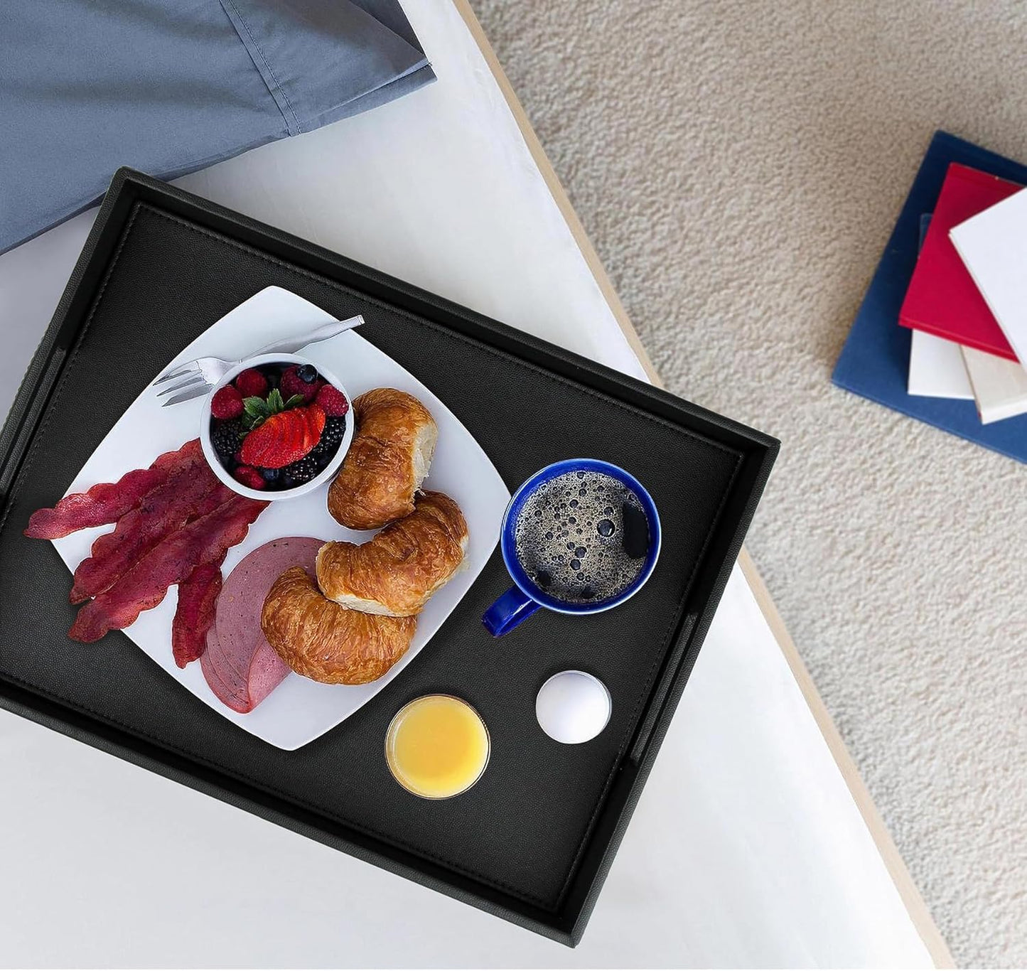 HofferRuffer Rectangle Serving Tray with Hole Handles for Coffee Table, Breakfast, Tea, Food, Butler - Countertop, Kitchen, Vanity Serve Tray, 16.2 x 12.2 x 2 inches, Faux Leather Tray (Black)