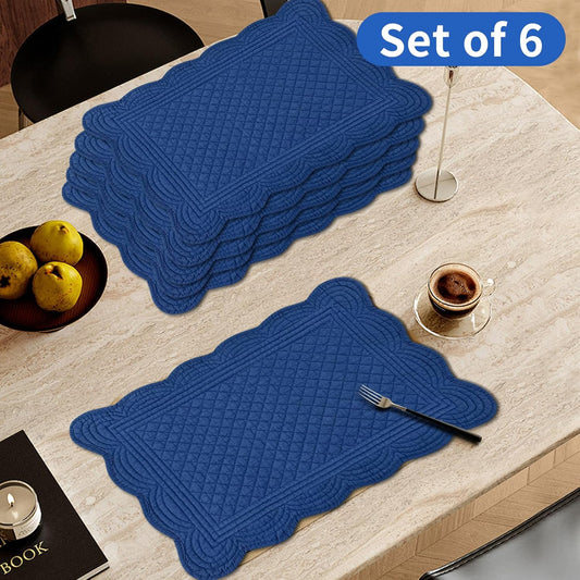 6 PC Quilted Placemats, 18"X13"Extra Large Cotton Placemats Set of 6, 100% Cotton Fabric Washable Cloth Table Mats for Kitchen & Dining Table - Soft &Easy Clean(Sapphire Blue, Rectangular)